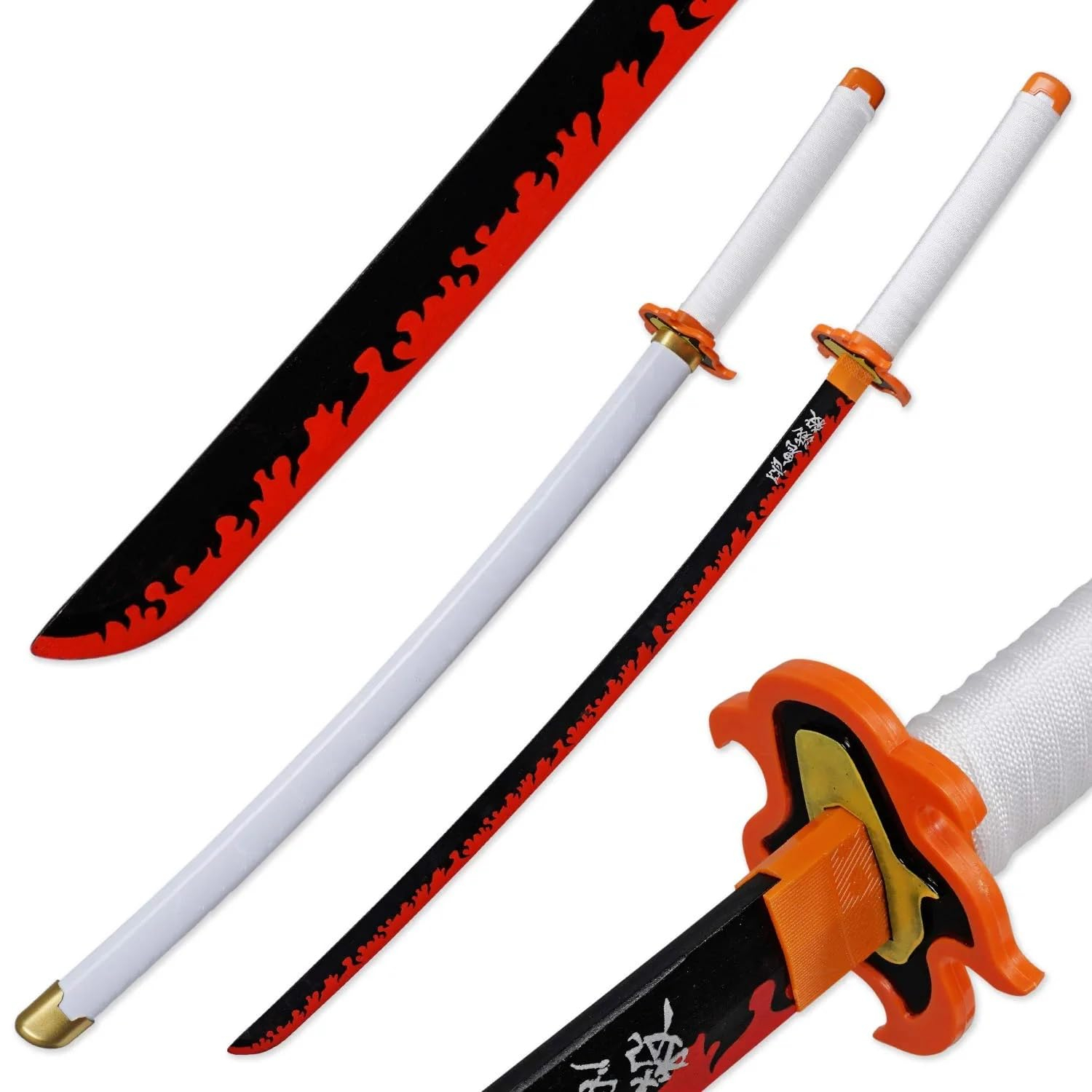 Katana (Sword) Anime: Demon Slayer - Kyojuro Rengoku Nichirin Katanas Bambo Blade with White Plastic Scabbard (40 Inch)