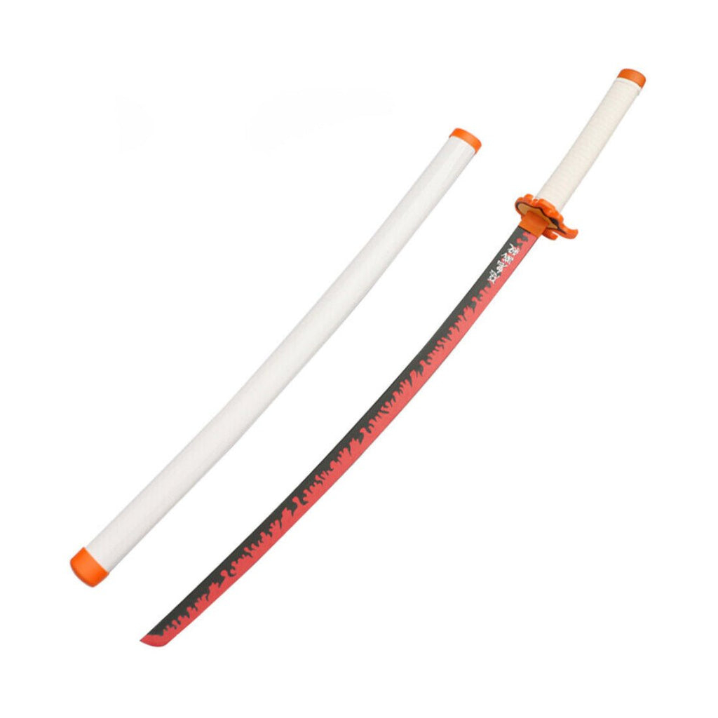 Katana (Sword) Anime: Demon Slayer - Kyojuro Rengoku Nichirin Katanas Bambo Blade with White Plastic Scabbard (40 Inch)